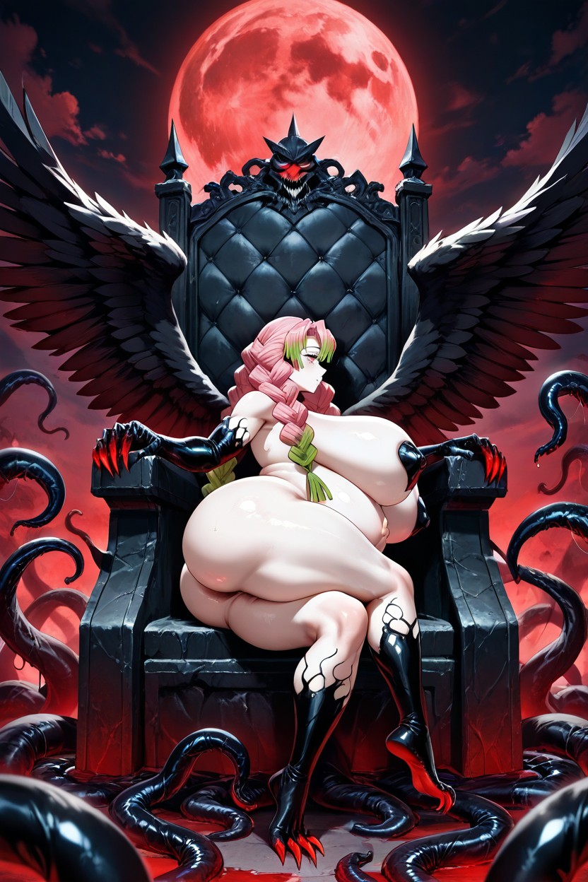 Completely Naked, Spreading Large Black Feathered Wings, Completely Black Hair Porno IA Hentai