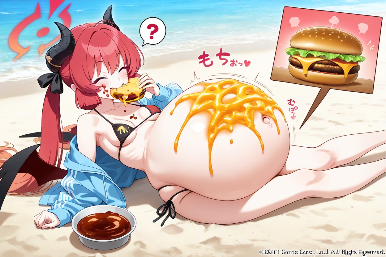 Sticky With Sauce And Cheese, Huge Hamburger, Smiling Porno IA Hentai