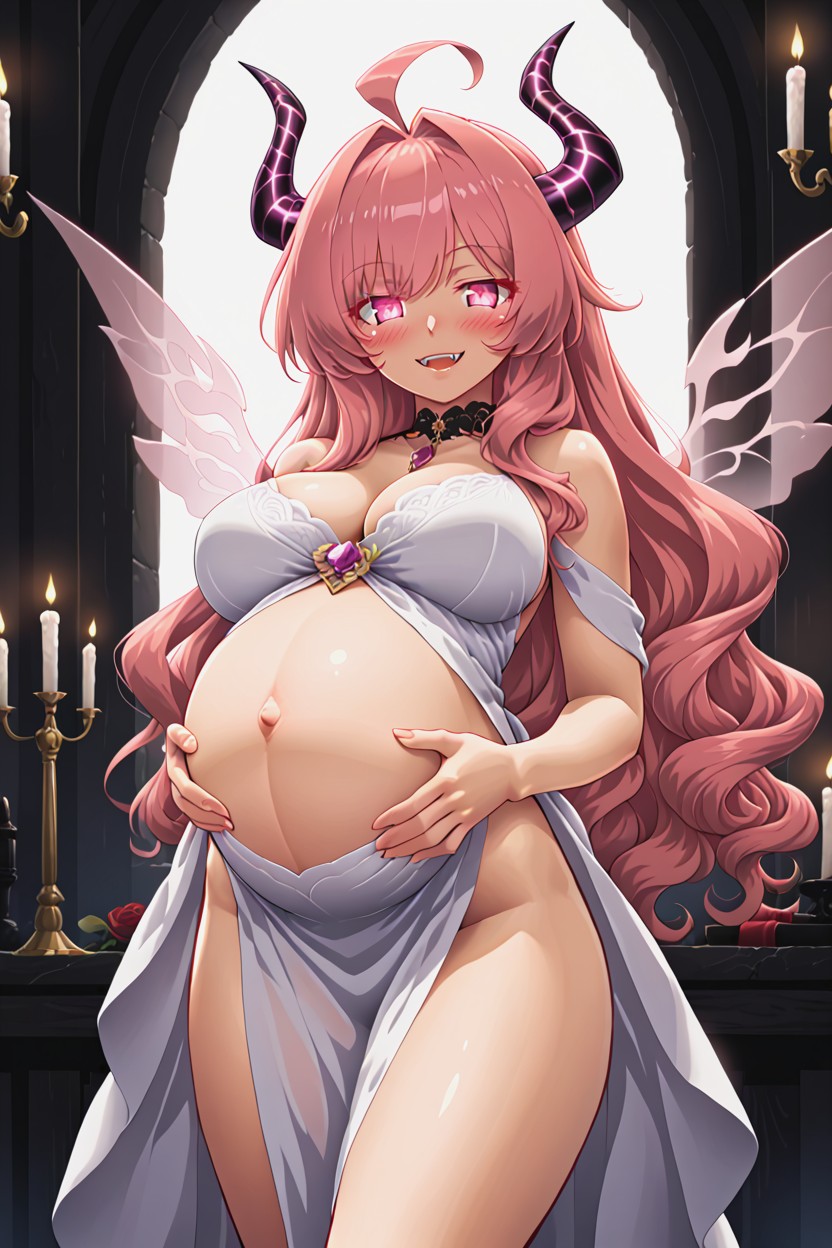Warm Glow Emanating From Belly, Taut Skin Over Belly, Fangs Hentai IA