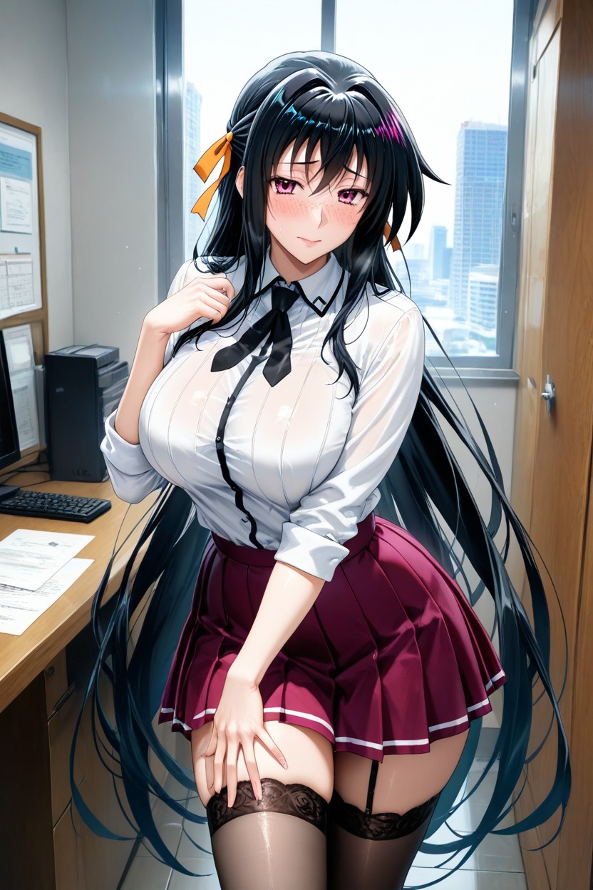 Pleated Skirt, Big Pink Eyes, Freckles Hentai AI Porn