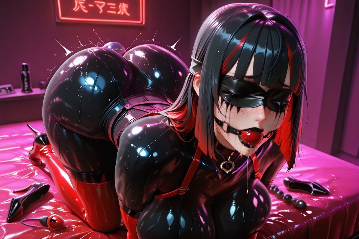 Squared Bangs Hairstyle, Neon Lights, Wet Body Hentai IA