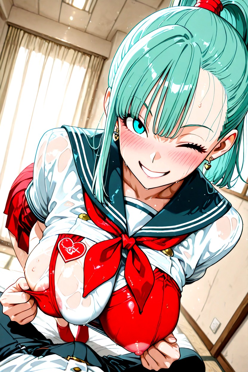 Sunny Day, Mouth Open, Grey Tight Fitting Sailor Uniform Hentai KI Porno