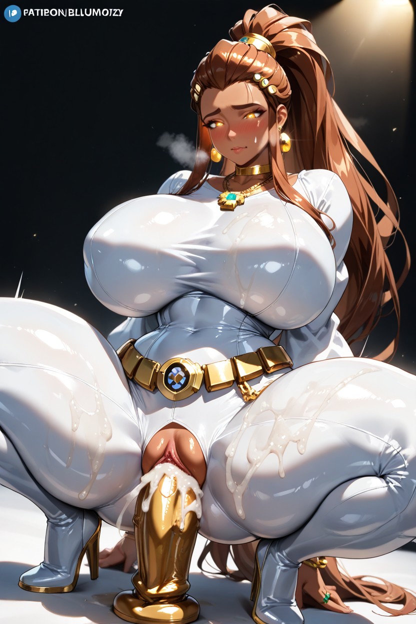 Tanned And Oiled Skin, Riding Gigantic Dildo, Glowing Eyes Hentai IA