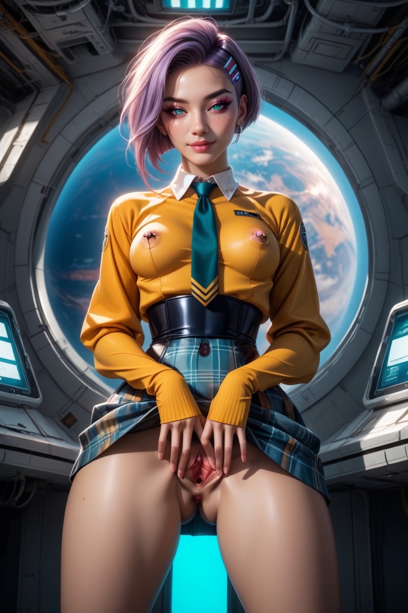 Tight Bubble Gum Pink Anus, Piercings, Teal Circuit Accents On Temples To Cheek Bones ヘンタイAIポルノ