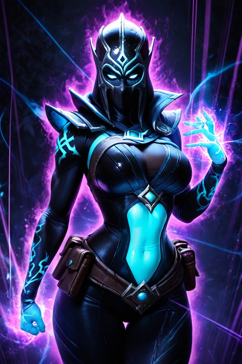 Dark Violet Skin, Glowing Cyan Energy Blade, Looking At The Viewer 헨타이 AI 포르노