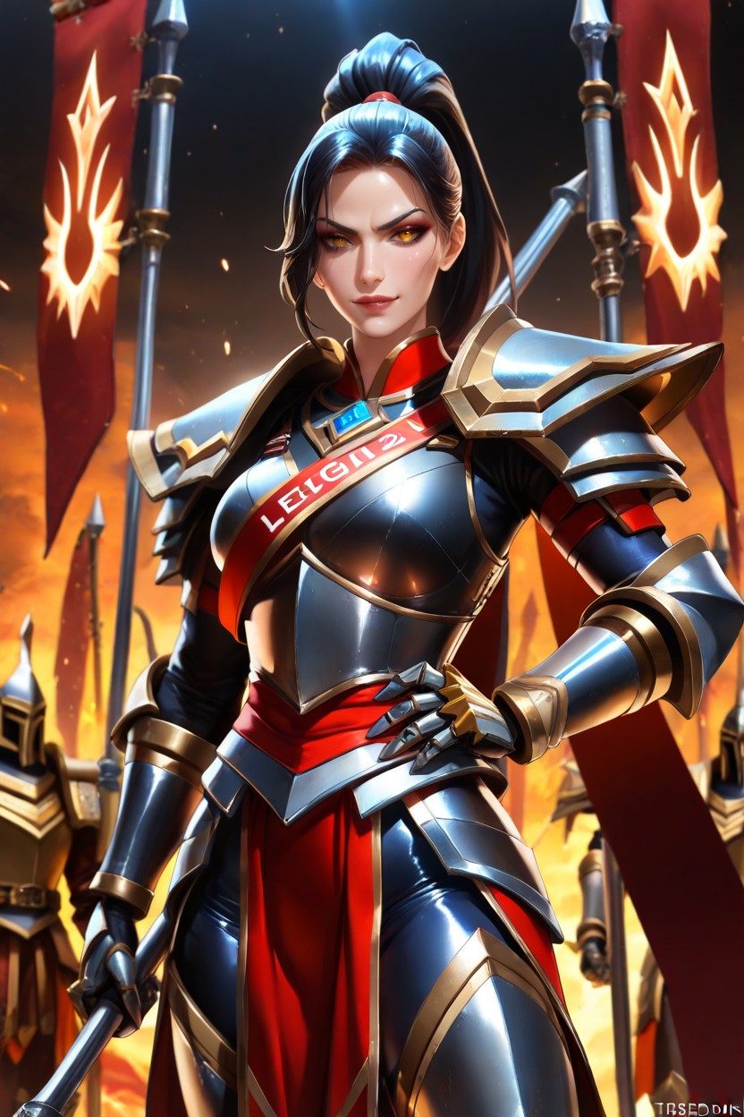 Standing Proudly, Engraved Brass Metal Gauntlets With Rivets, Looking Directly At The Viewer Hentai IA