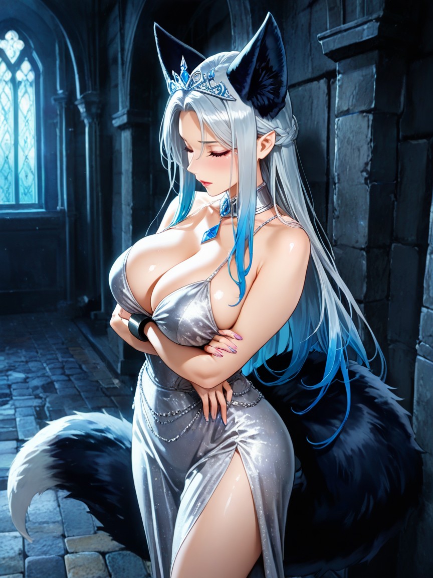 Beautiful Queen In White And Silver Cloth, Diamond And Sapphire Tiara, Succubus Shackled AI黃漫