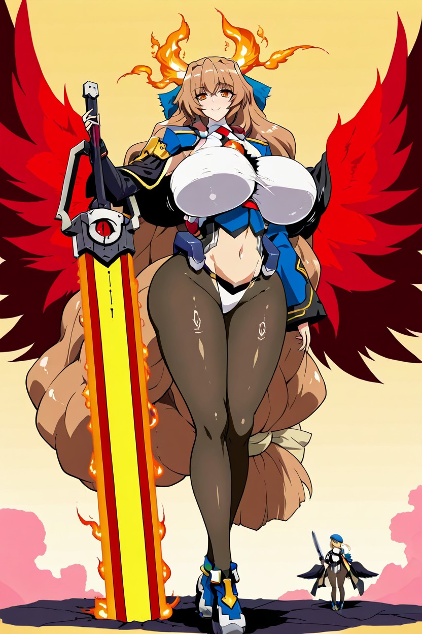 Smile, Insanely Large Burning Flaming "eye Of Yatagarasu" On Upper Torso, Breasts Hanging Past Midriff Hentai IA