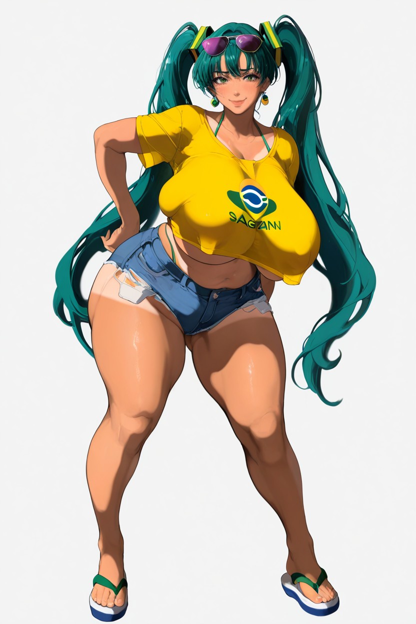 Long Twintails, Green Hair, Front View Hentai IA
