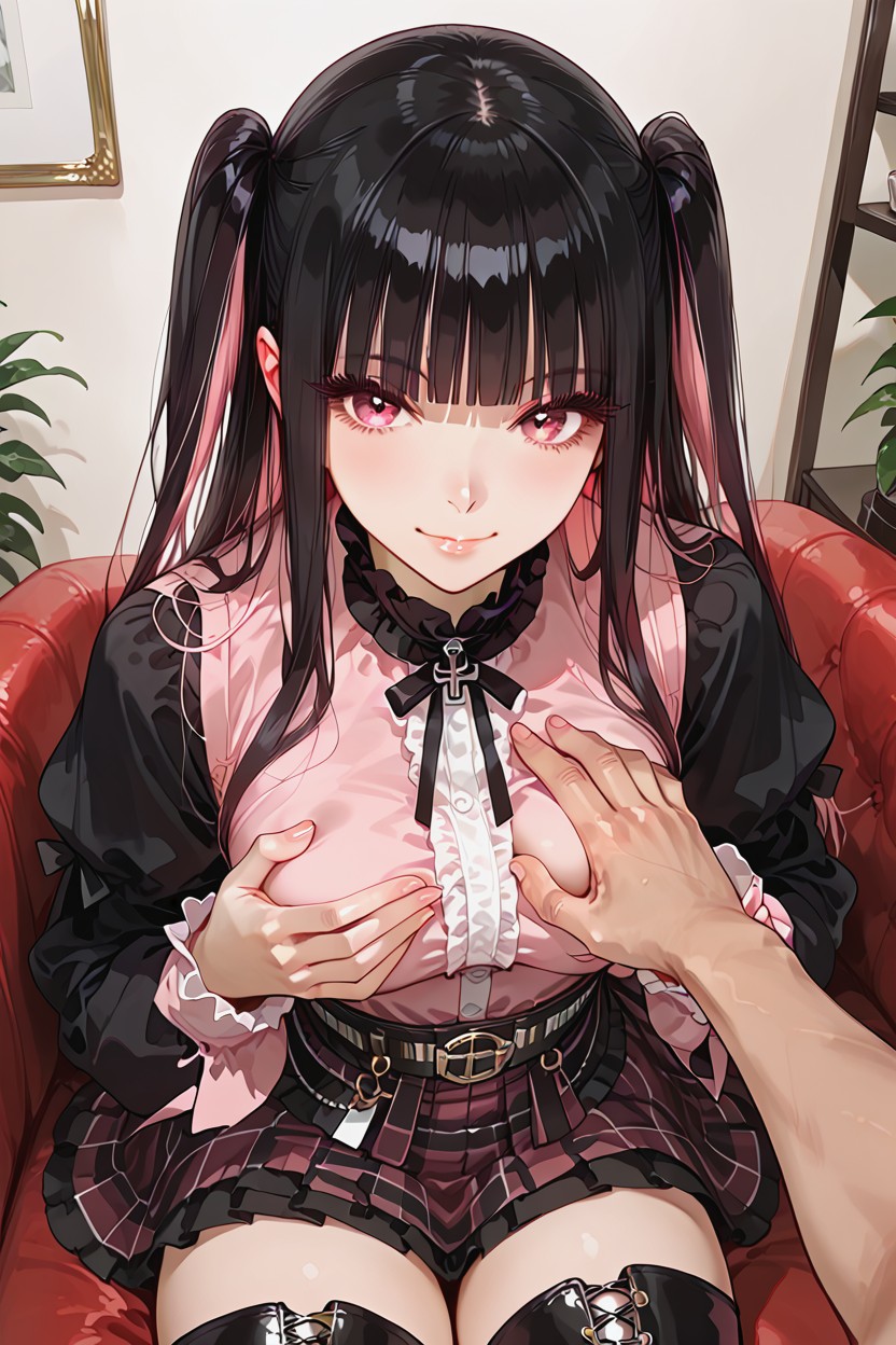 Black Checked Skirt, Black Hair, Smile Hentai AI Porn
