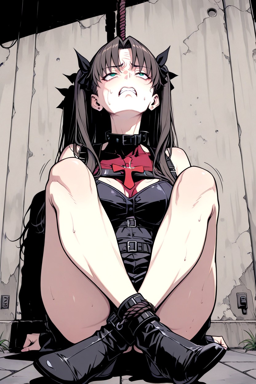 Arms Bound Behind Back, Rope Looped Around Neck And Knotted Between Legs At The X Junction, Lower Legs Crossing Each Other Hentai AI Porn