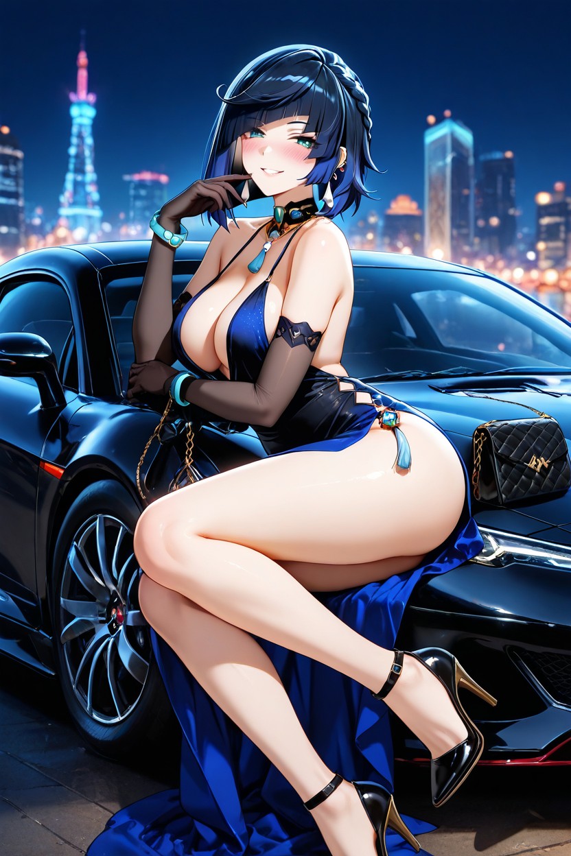 Plunging_neckline, Hand_up, Diagonal_bangs Hentai AI Porn
