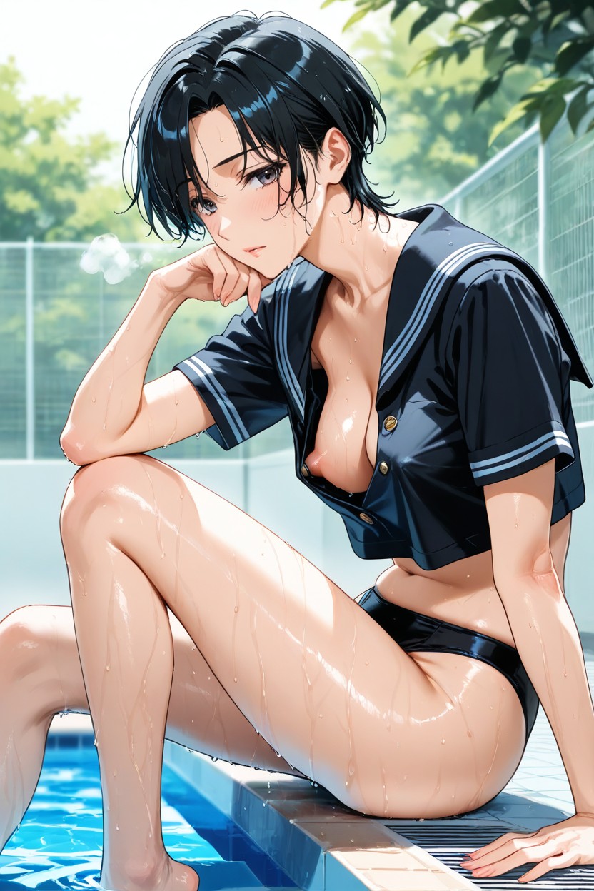 Crop Top Black Sailor Uniform, Sighing, Steamy Breath Hentai AI Porn