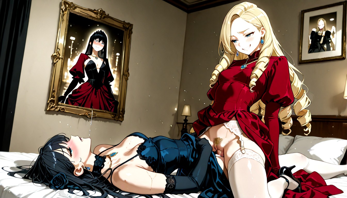 Blond Eyebrows, Wearing Luxurious Poofy Long-sleeved Red Dress With Gold And Black Rose Motifs And Lace, Deep Shadow At Night Hentai AI Porn