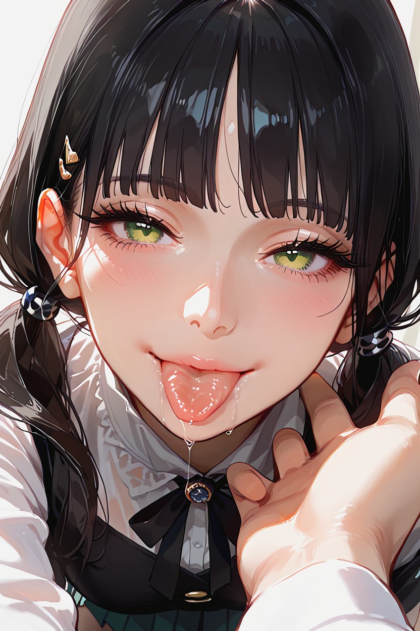 Saliva String, Glossy Black Hair, Japanese Idol Face Hentai AI Porn