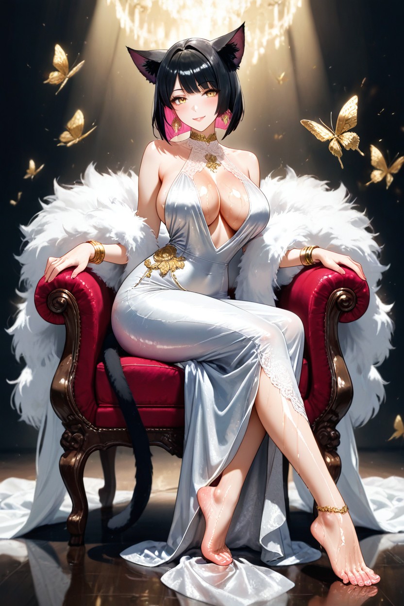 Sitting Down, Sleeveless High-neck Halter Design, Soft Shine Hentai AI Porn