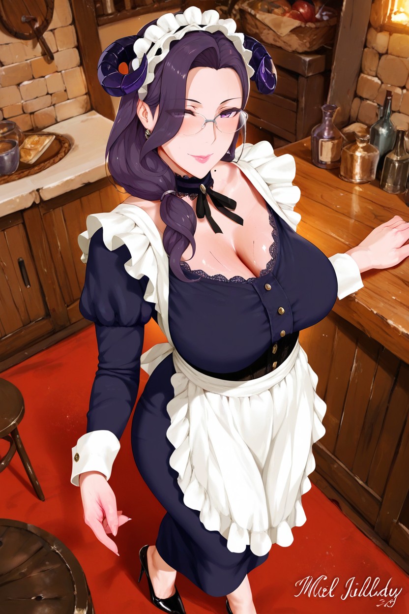 Long Black Sleeves With White Cuffs, Wearing Silver Glasses, Soft Purple Eyes Hentai AI Porn