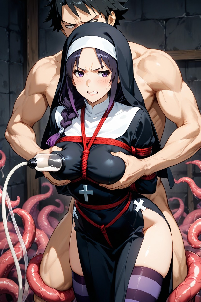 Both Calm And Dominant Looks Away With An Ashamed And Disgusted Expression, 25+, Black Nun Habit Hentai AI Porn