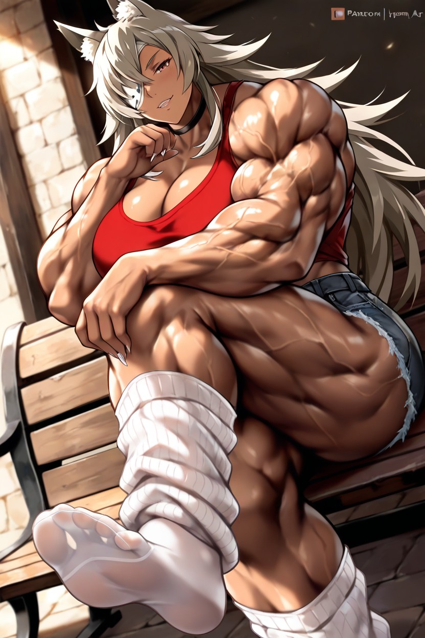 Red Tshirt, One Arm On Stomach, Socks Soles Showing Hentai IA