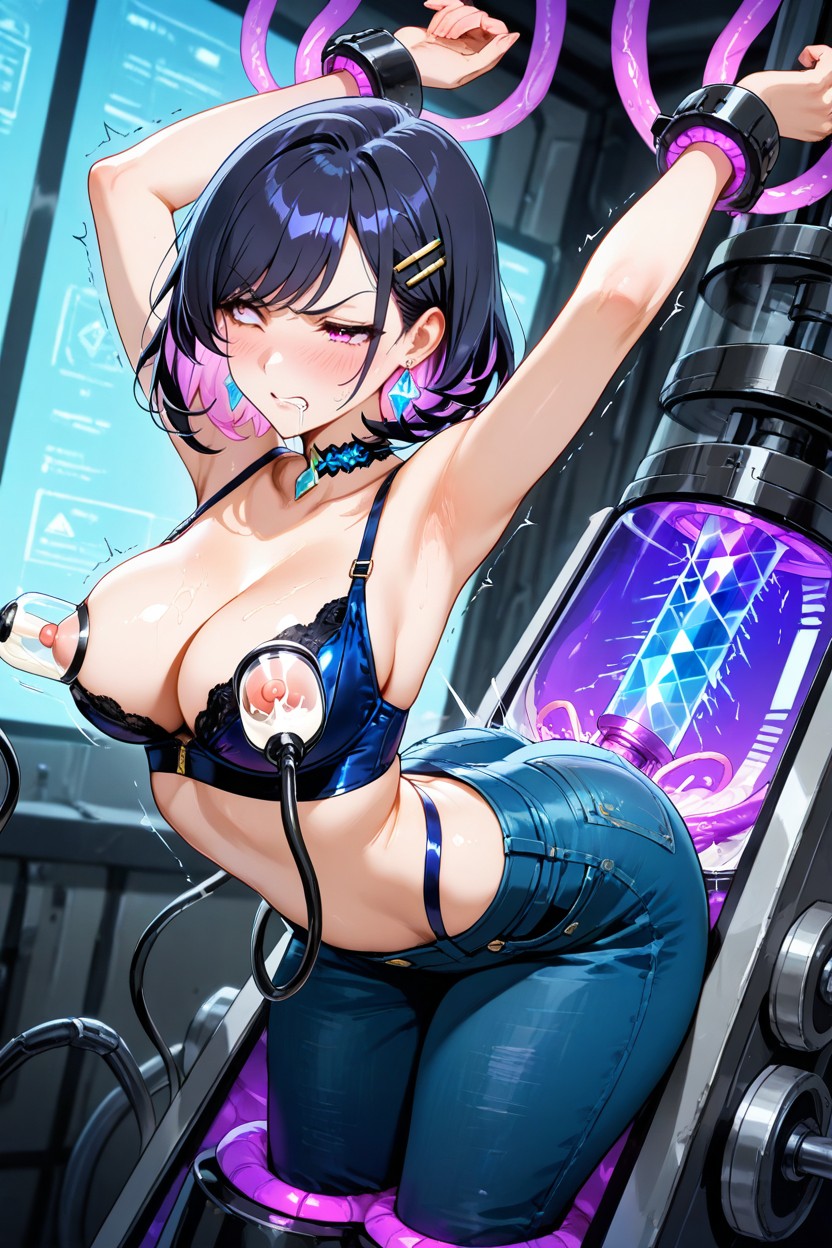 Exposed Midriff, Glossy White Zip-front Bra, Feminine Hentai AI Porn