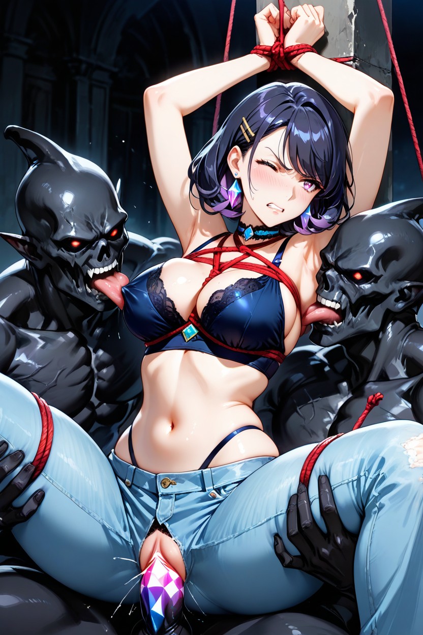 Black Monster Sucking Breasts, Bound Arms, Arms Up Hentai AI Porn