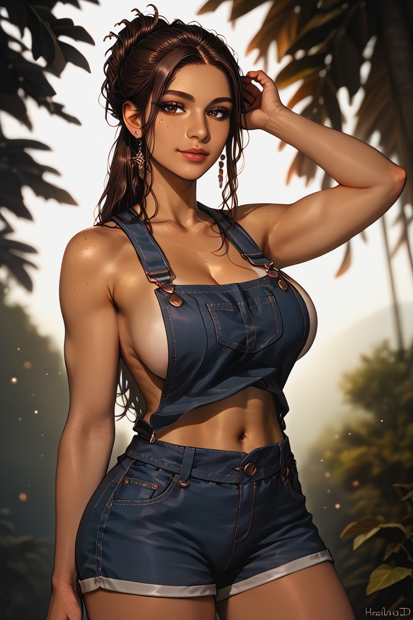 Brown Bronze Deeply Low Hanging Sagging-separated-wide-set Massive-giant-hangers-breasts, Featuring Ultra-detailed Linework, Navel Hentai AI Porn
