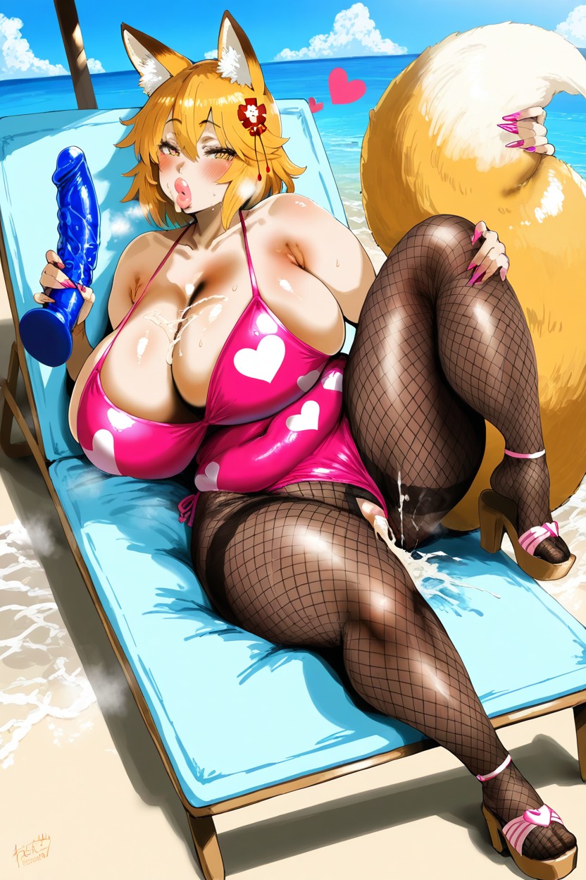 Full Body, White Pink Swimsuit, Licking Dildo Hentai AI Porn