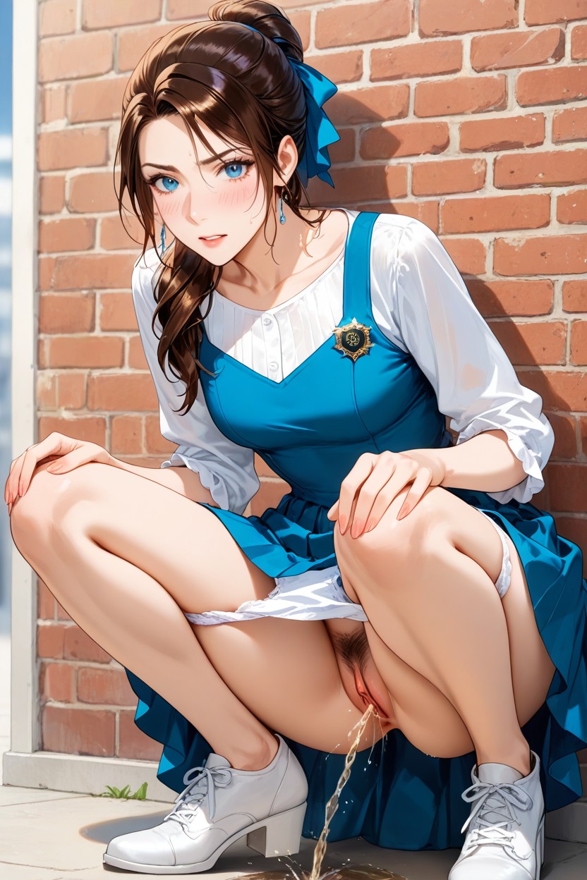 Holiday Name Badge On Right Breast, Peeing Pussy, Ribbon In Hair Hentai AI Porn