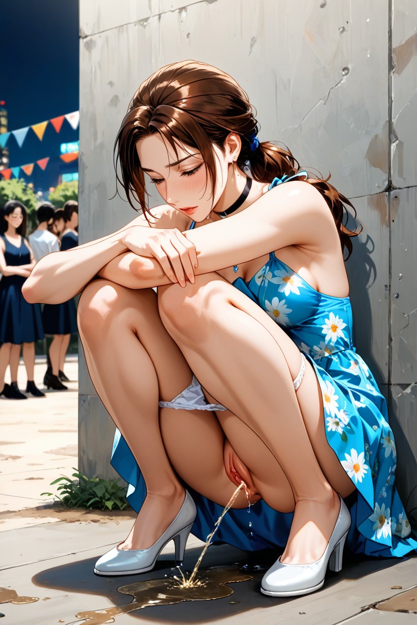 Near Wall In Alley, Small Breasts, The Chest Is Pressed Against The Knees Hentai AI Porn