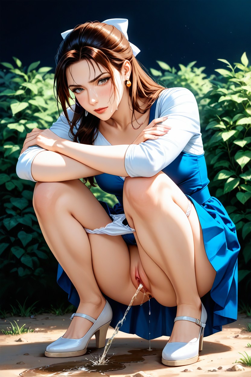Blue Midi Dress Pleated Thrown On Knees, Smart Casual, Caught Peeing Hentai AI Porn