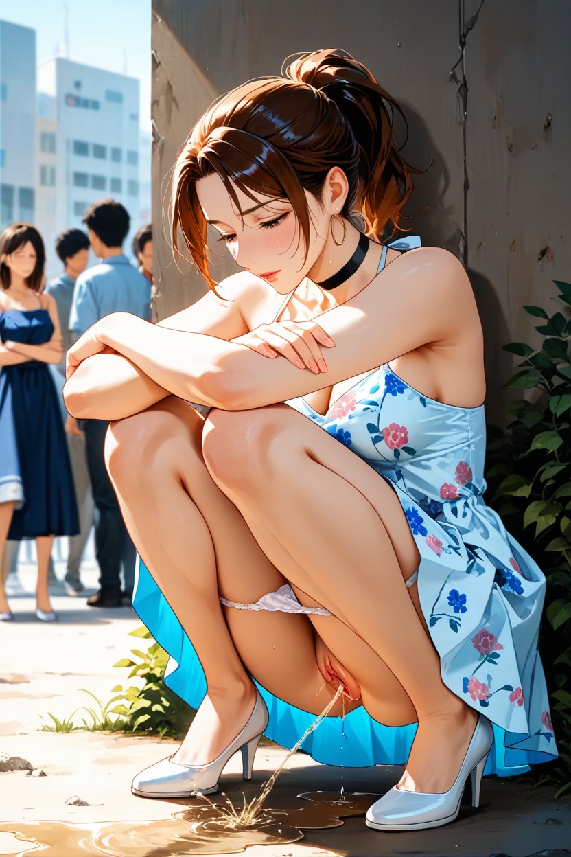 While Squatting She Forward, Elegant White Panties Pulled Down To Knees, Party Clothed People Dancing Hentai AI Porn