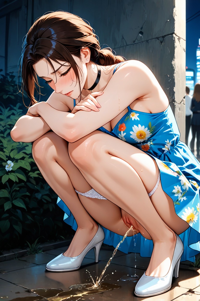 Knees Together Feet Apart, In A Half-squat, Squat Peeing Outdoor Hentai AI Porn