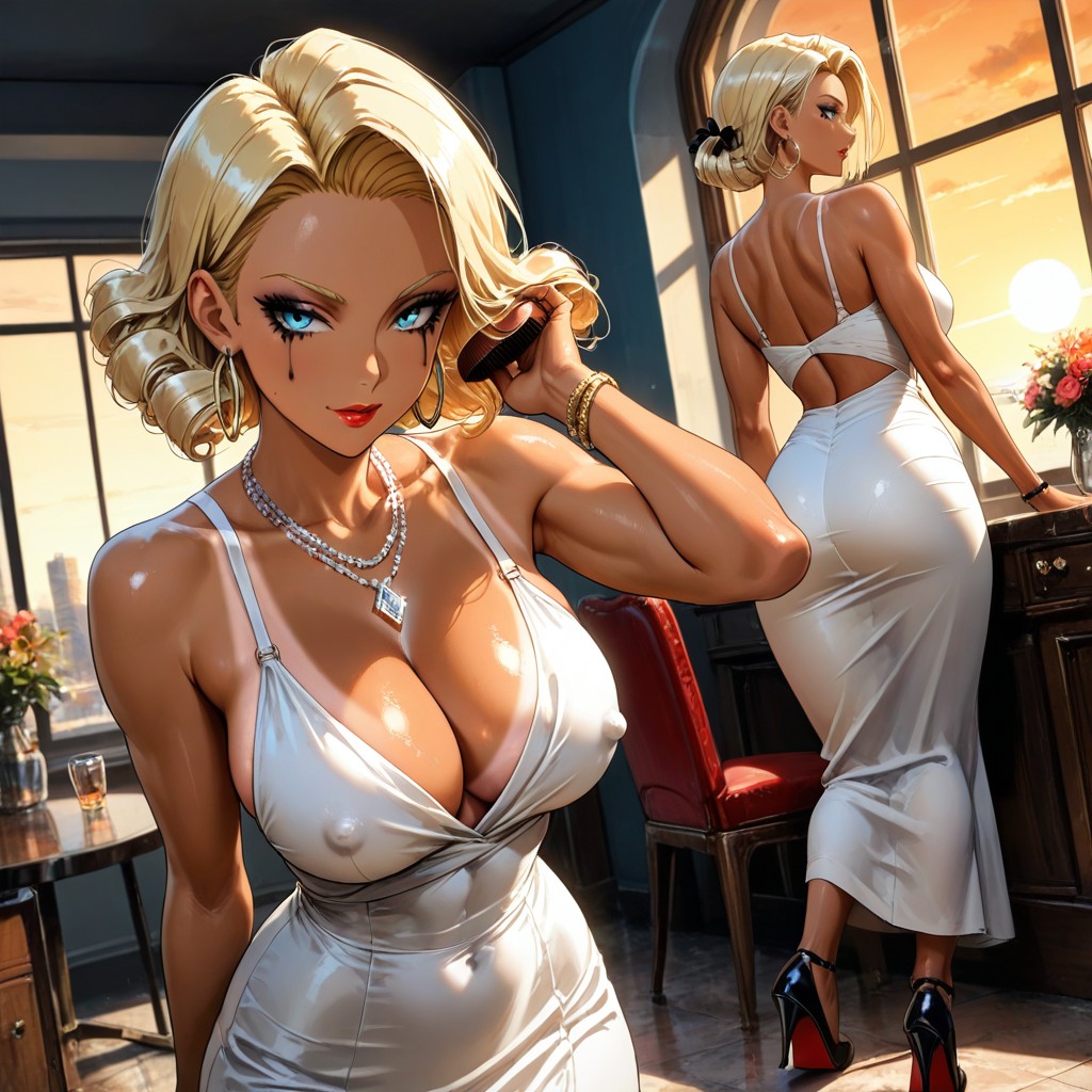 Perfect Fit Body, Putting A Black Makeup Dot Next To Her Lip, Detailed Face Hentai AI Porn