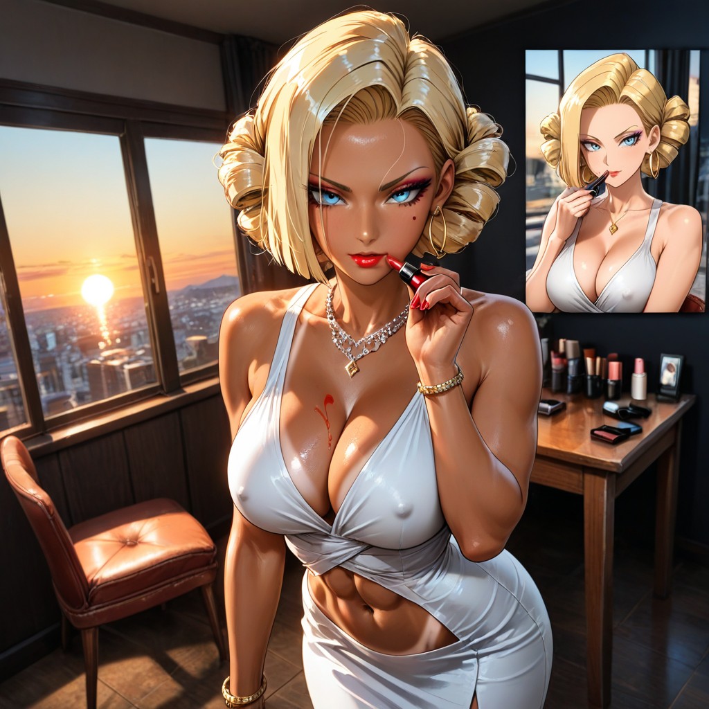 Standing Next To A Red Chair At A Makeup Table, Detailed Face, Applying Makeup To Face Hentai AI Porn