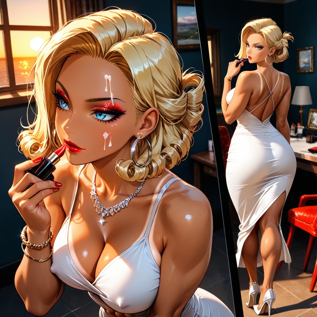 Sexy White Dress, Marilyn Curly Bob Hairstyle, Large Breast Hentai AI Porn