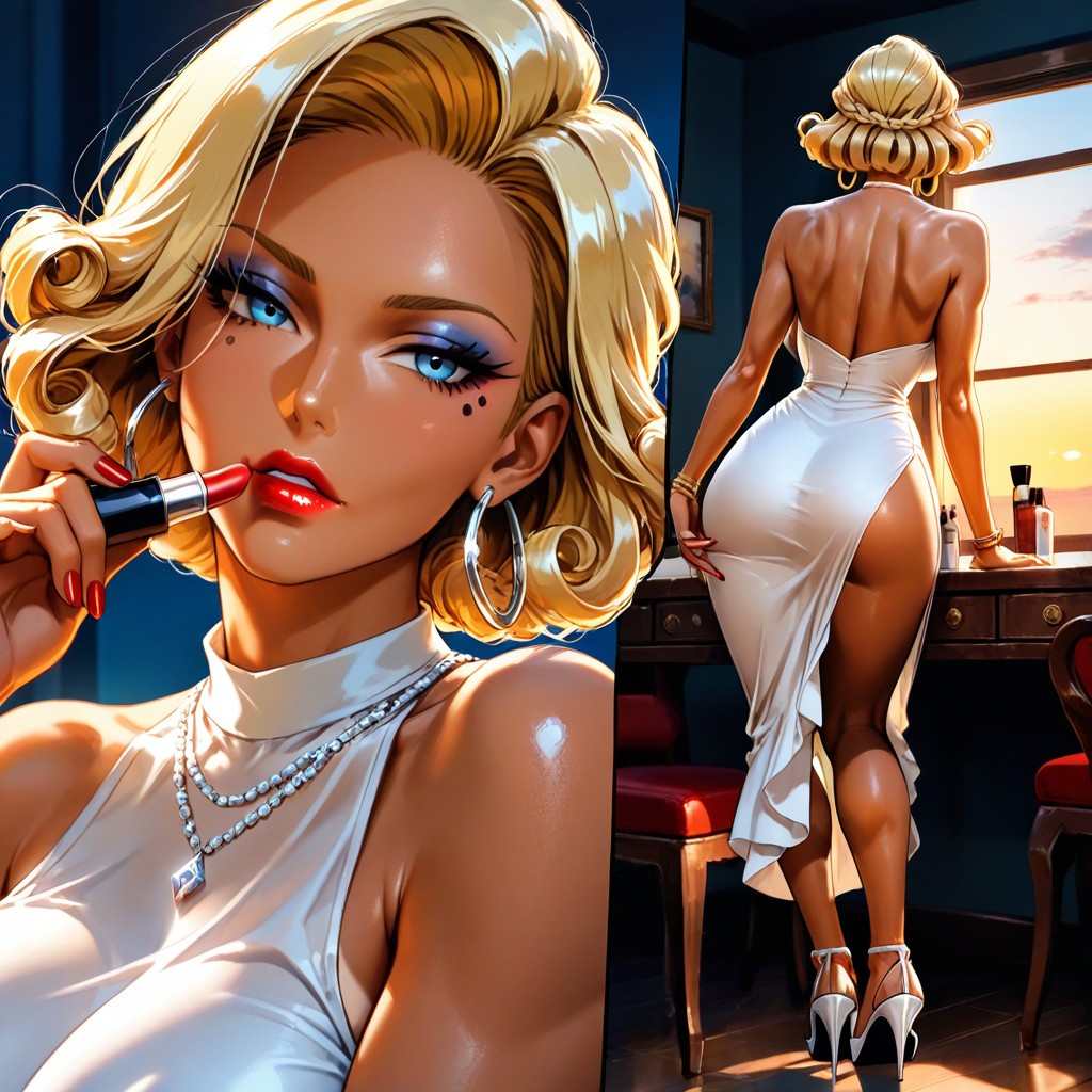 Makeup, Detailed Face, White Open Toe Heels Hentai AI Porn