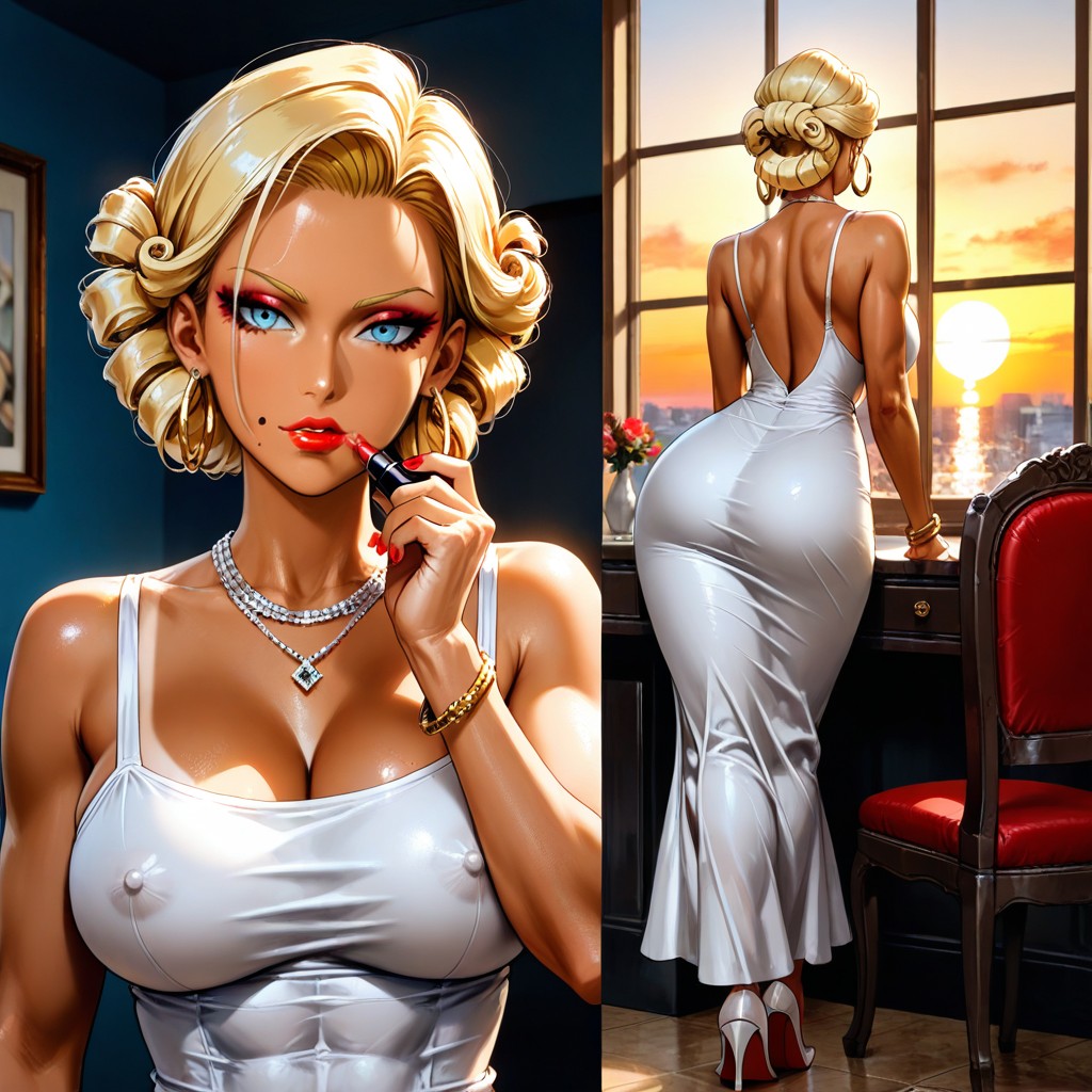Blonde Hair, Hoop Earrings, Putting Lipstick On Hentai AI Porn