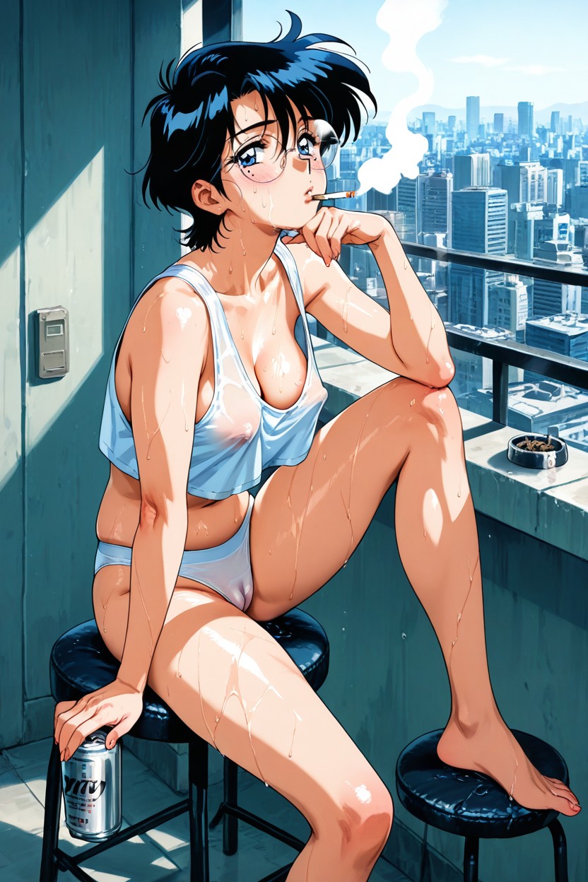 Elbow On Knee, Eyes Covered Bangs, Sighing Hentai AI Porn