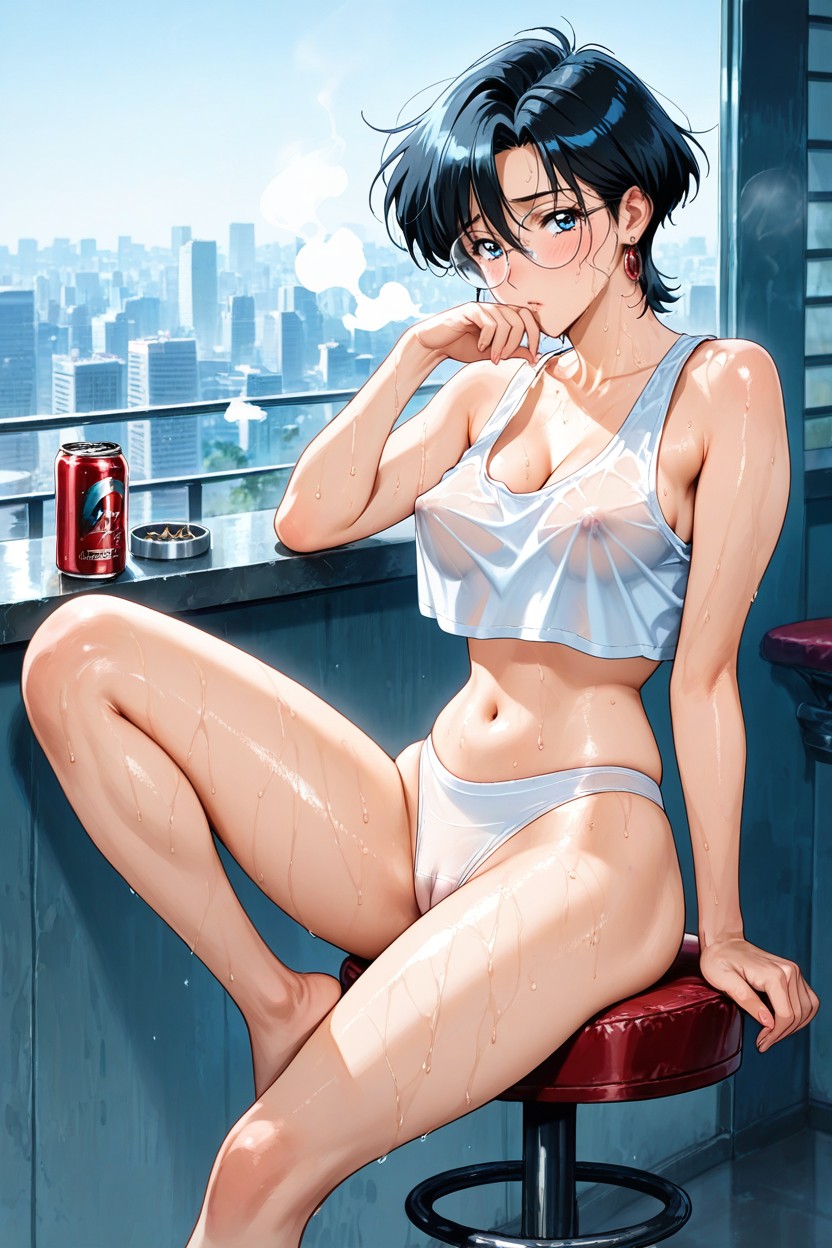 Bangs Between Eyes, Mole Under Left Eye, Oversized Crop Tank Top Hentai AI Porn