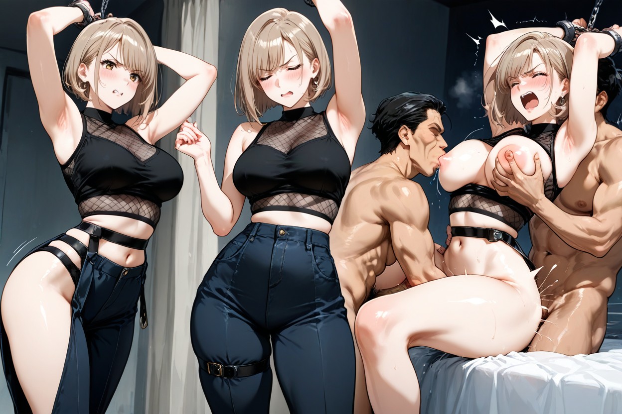 Her Hands Were Tied With Chains, Man Spreading Legs, Light Brown Hair Hentai AI Porn