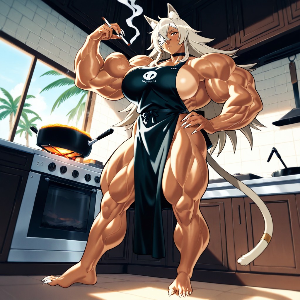 Perfect Sexy Feet, Wearing A Kitchen Apron, One Arm Up One Arm Down Hentai AI Porn