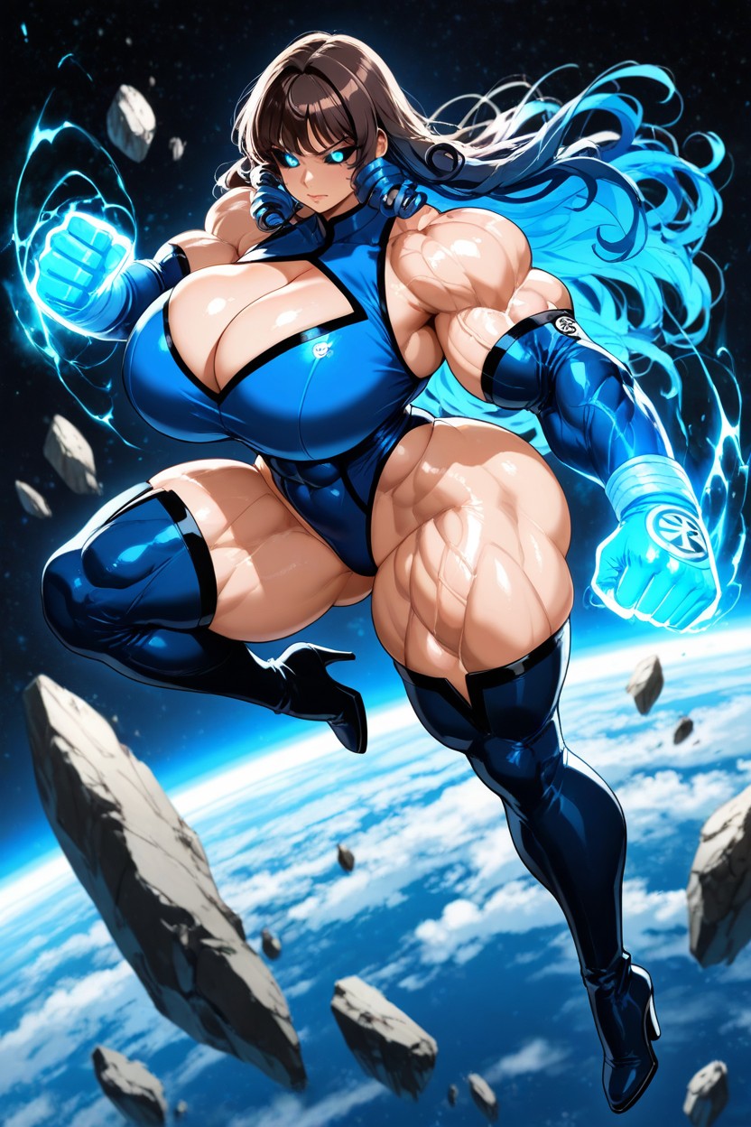 Bright Blue Hair, Closed Mouth, Dark Brunette Hair Hentai AI Porn