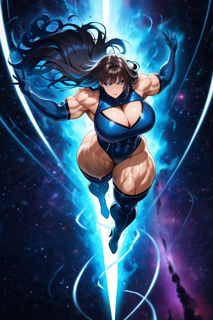 Bright Blue Hair, Straight Back, Rounded Breasts Hentai AI Porn