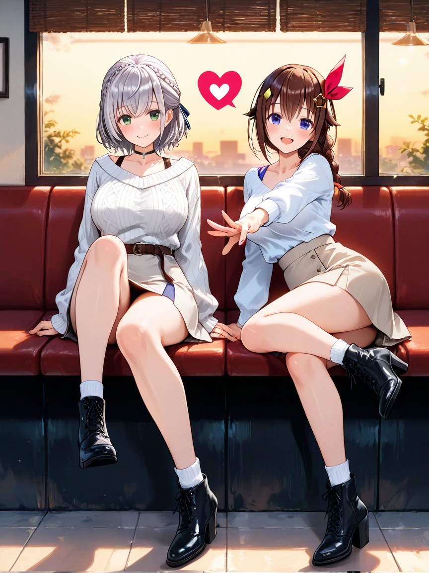 Two In The Same Clothes, Sitting On Booth Seat, Braid Hentai AI Porn