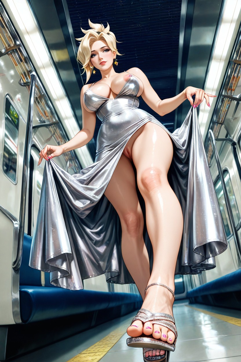 Flying Skirt Dress, White High Heel Sandals, Highly Detailed Pussy Hentai AI Porn