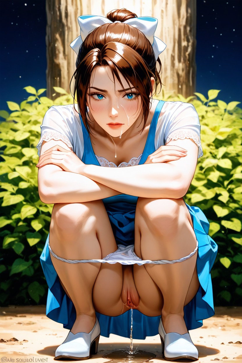 Night Party, Dripping Pussy, Blue Midi Dress Pleated Thrown On Knees Hentai IA