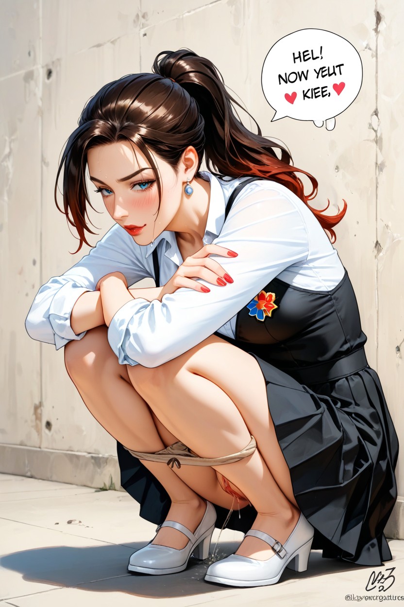 Caught Peeing, While Squatting She Bent Forward, Cute Hentai AI Porn