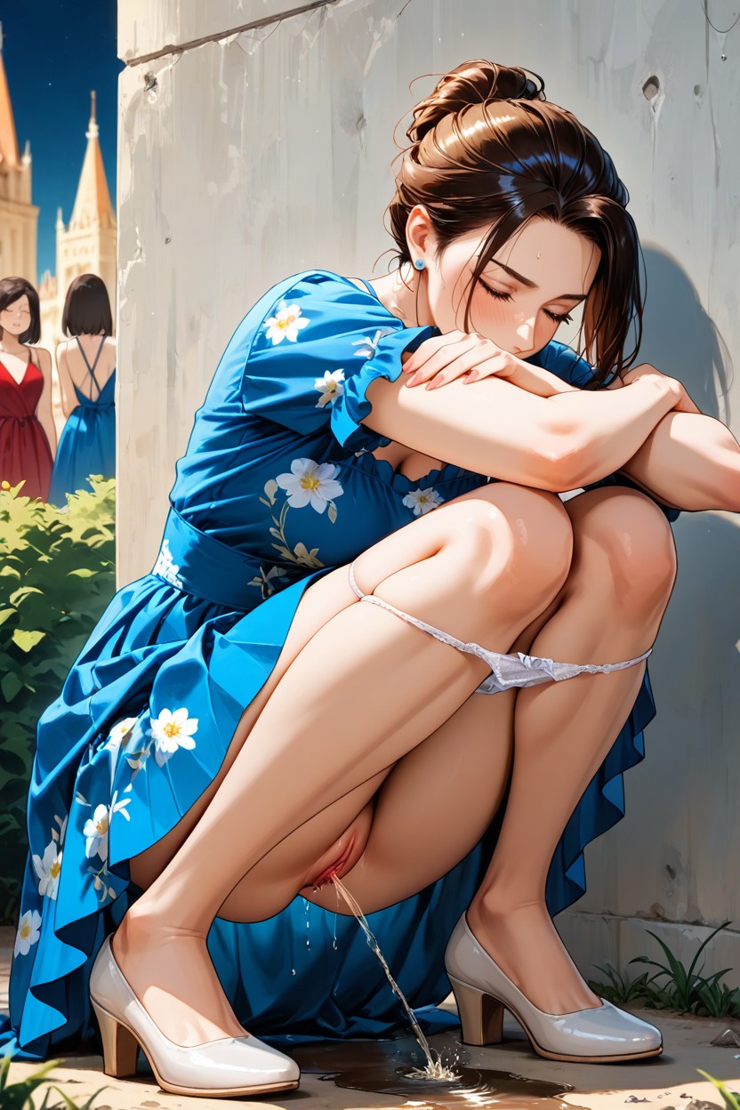 Under A Bush, Party Clothed People Dancing, Takes Bottom Off To Knees And Constipates Hentai AI Porn