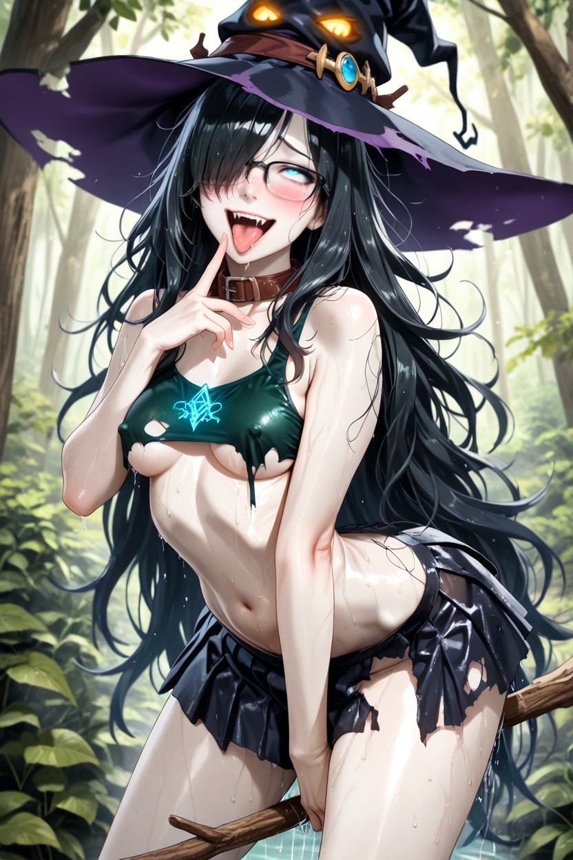 Naked Shoulders, Underboob, Black Witch Hat Hentai AI Porn