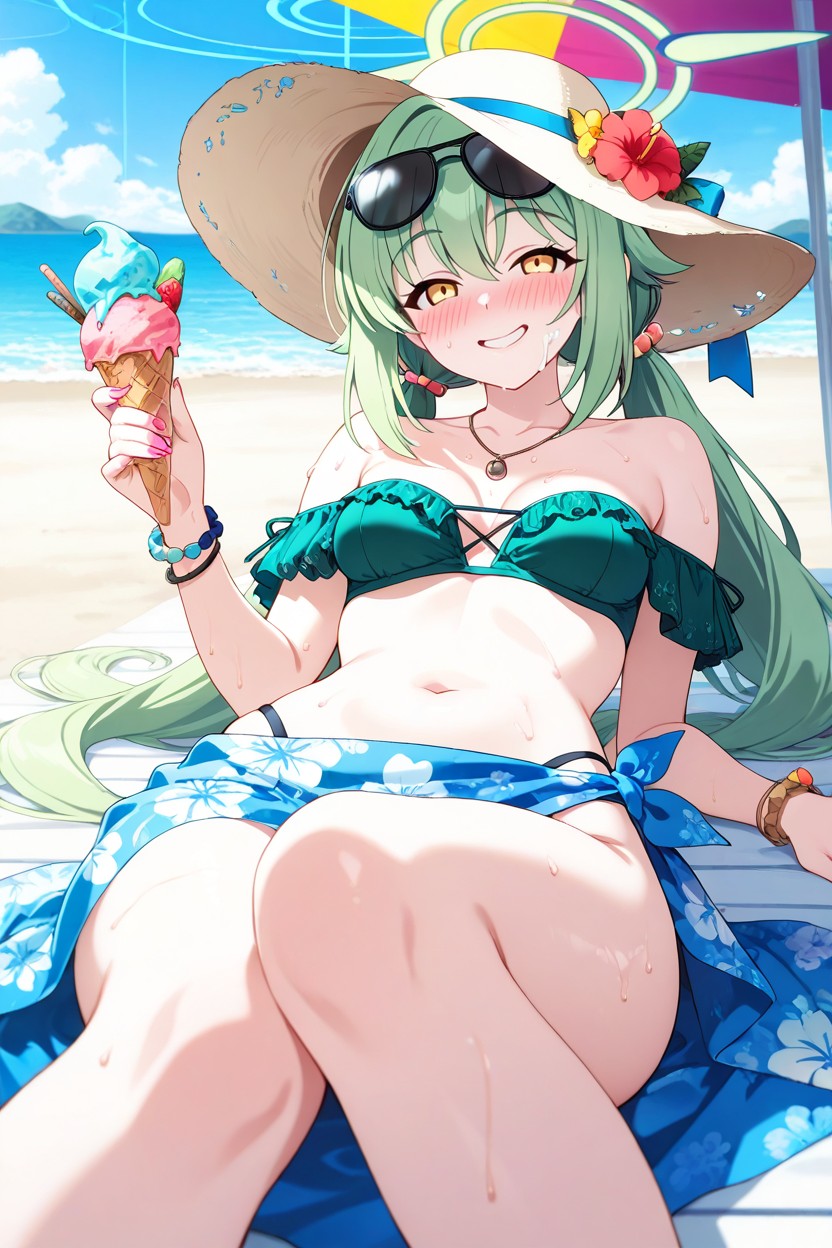Sharp Lines, Small Breasts, Colorful Beach Umbrella She Is Playfully Licking A Colorful Hentai AI Porn